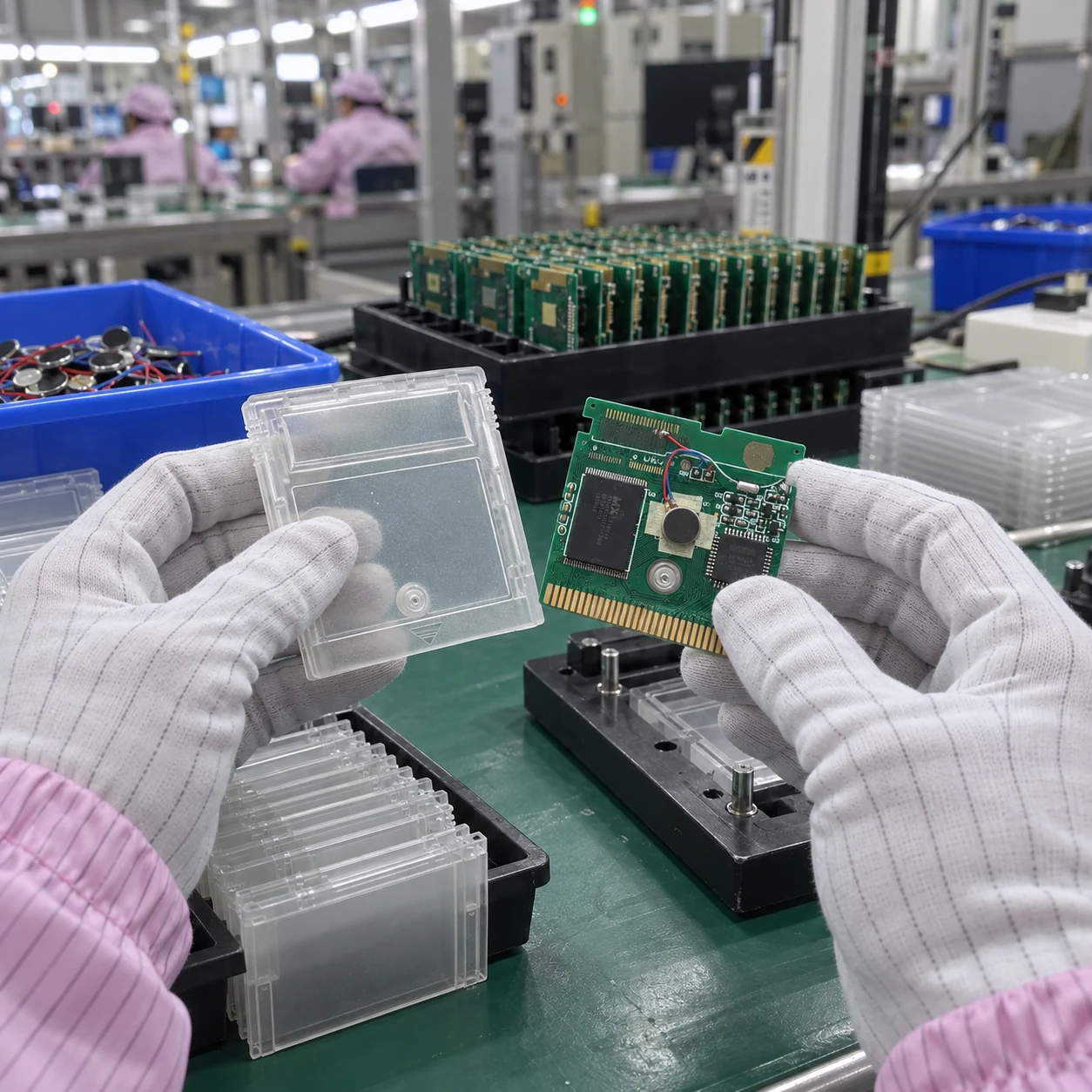 Illustrative clear-cartridge shell and matching small PCB at manual assembly station